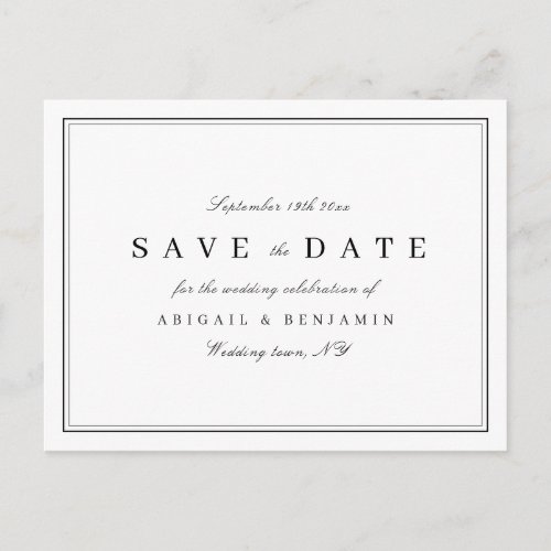 Elegant black and white minimalist save the date announcement postcard