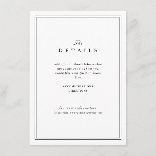 Elegant black and white minimalist wedding details enclosure card