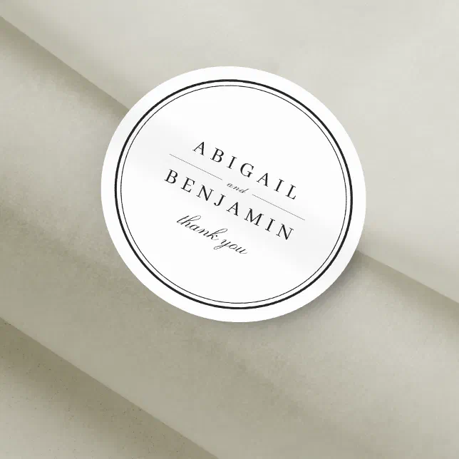 Elegant black and white minimalist wedding favor classic round sticker ...