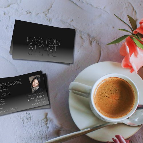 Elegant Black and White Mirror Font with Photo Business Card