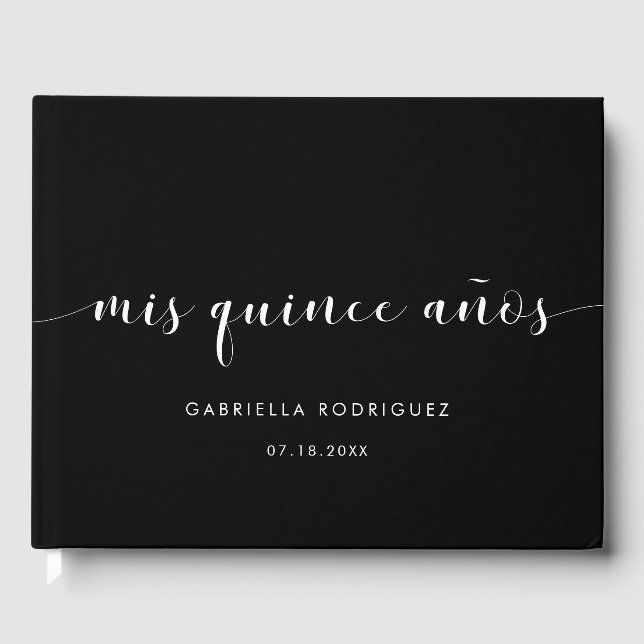 Elegant black and white Mis quince años birthday Guest Book (Front)