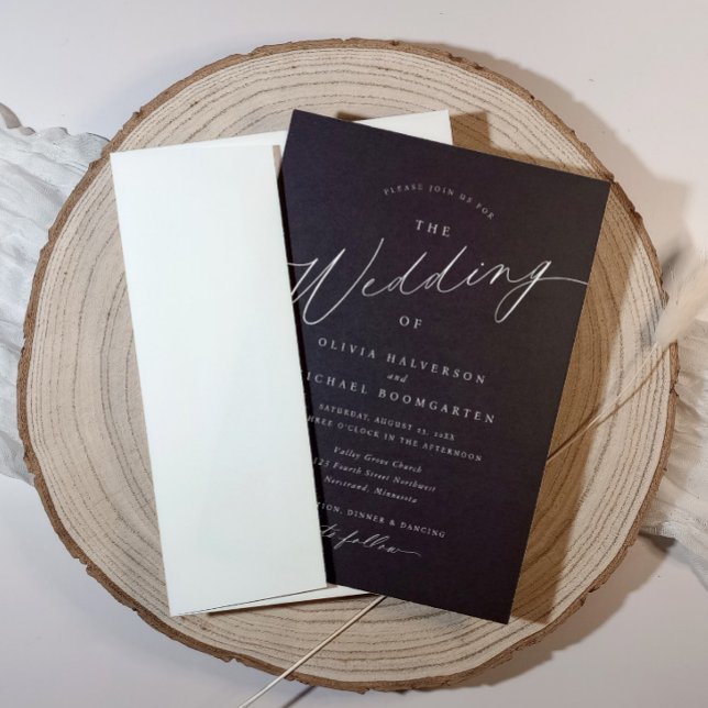 Elegant Black and White Modern Calligraphy Wedding Invitation (Elegant black with white text wedding invitation featuring classic modern calligraphy.)