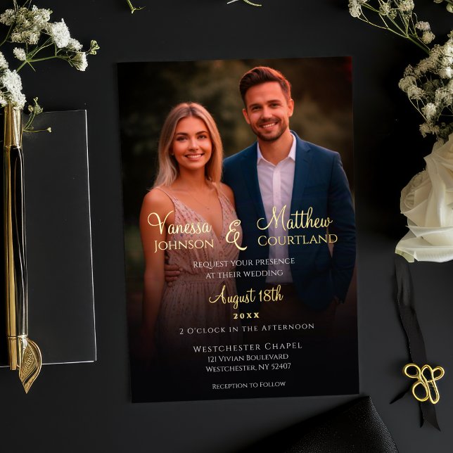 Elegant Black and White Modern Photo Wedding Gold Foil Invitation (Elegant Minimalist Couple Photo Wedding invitation with Gold Foil Accents)