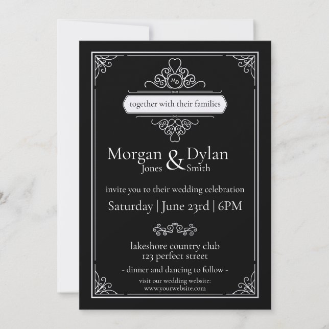 Elegant Black and White Modern Scroll Work Wedding Invitation (Front)