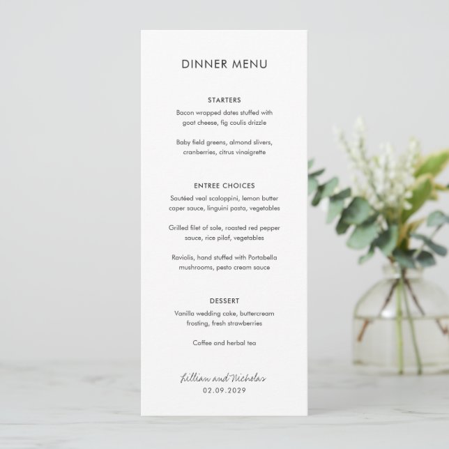 Elegant Black and White Modern Wedding Menu (Standing Front)
