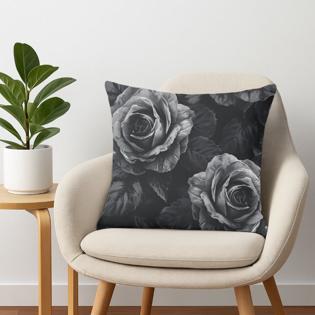 Elegant Black and White Monochrome Roses Throw Pillow (Monochrome rose throw pillow)