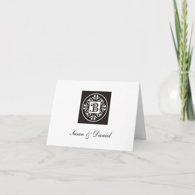 Elegant Black And White Monogram B Wedding Note Card (Front)