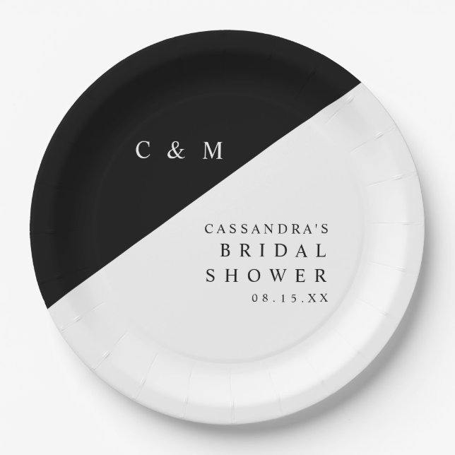 Elegant Black And White Monogram Bridal Shower Paper Plates (Front)