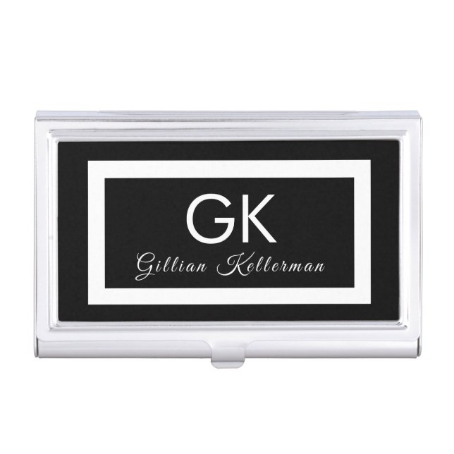 Elegant Black and White Monogram Business Card Case (Front)