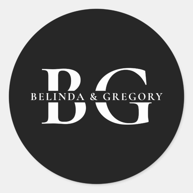 Elegant Black and White Monogram Initials Wedding Classic Round Sticker (Front)