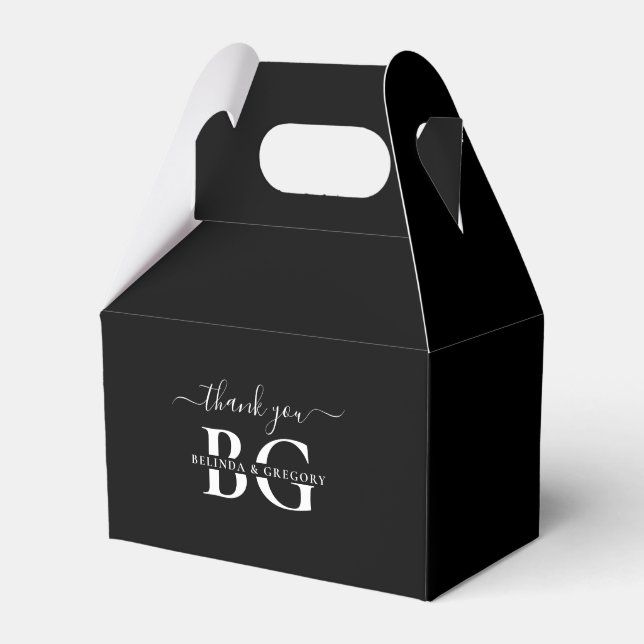 Elegant Black and White Monogram Initials Wedding Favor Boxes (Front Side)