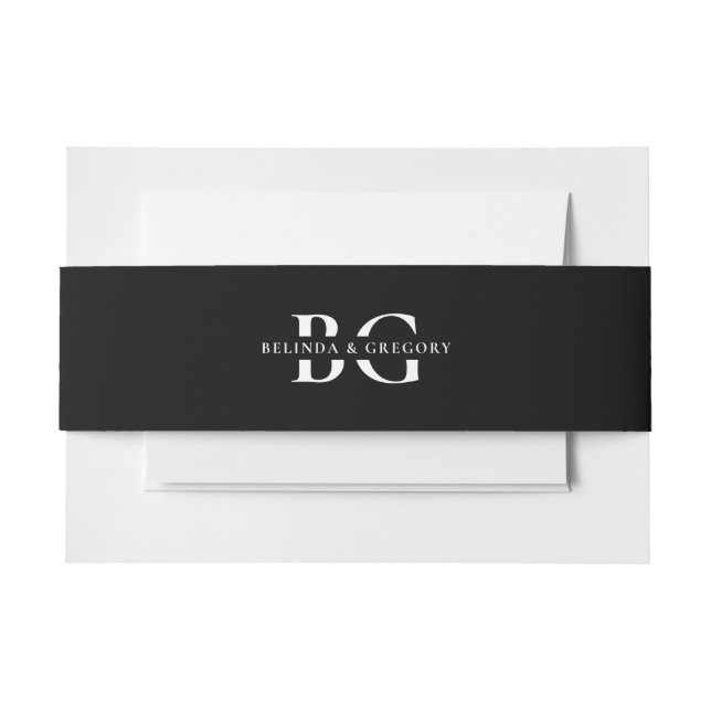 Elegant Black and White Monogram Initials Wedding Invitation Belly Band (Front Example)