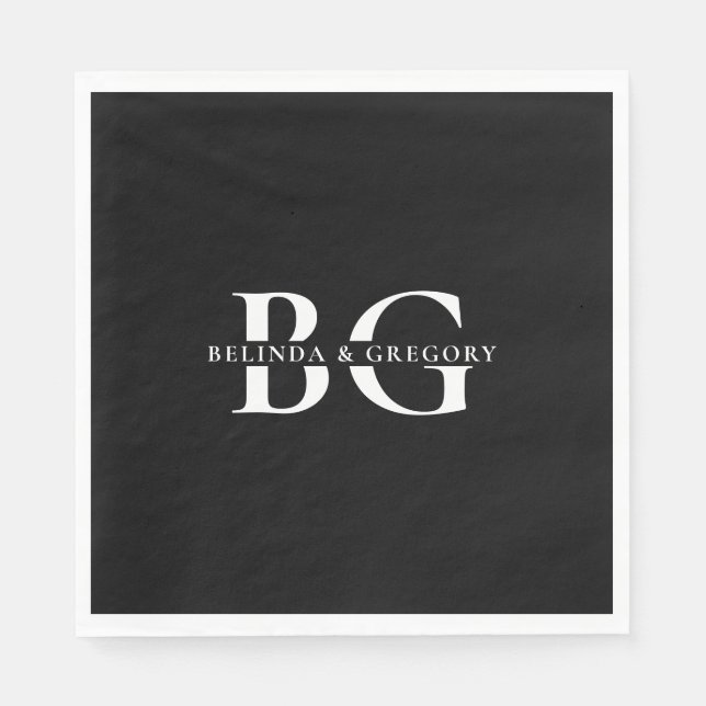 Elegant Black and White Monogram Initials Wedding Napkins (Front)