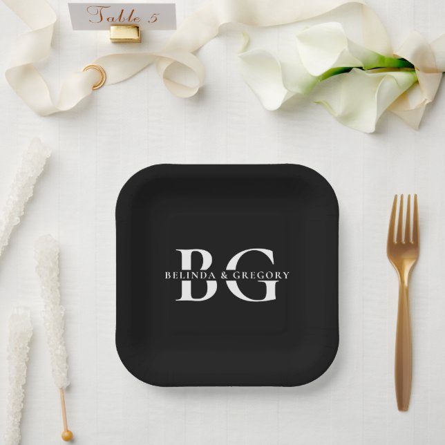 Elegant Black and White Monogram Initials Wedding Paper Plates (Wedding)