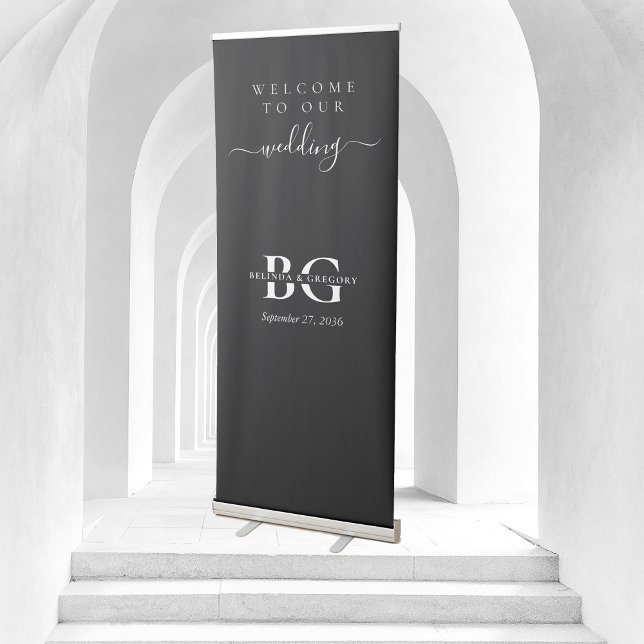 Elegant Black and White Monogram Initials Wedding Retractable Banner (Elegant Black and White Monogram Initials Wedding Retractable Banner)
