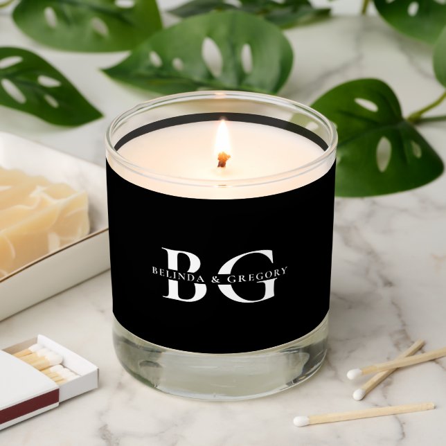 Elegant Black and White Monogram Initials Wedding Scented Candle (Lit)