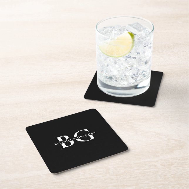 Elegant Black and White Monogram Initials Wedding Square Paper Coaster (Insitu)