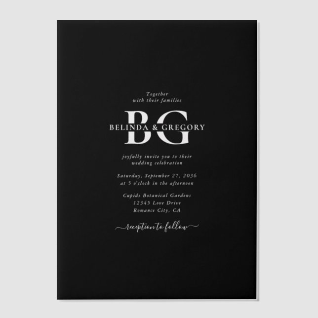 Elegant Black and White Monogram Initials Wedding Vellum Invitations (Front)