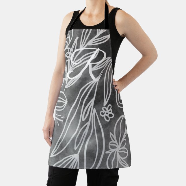 Elegant Black and White Monogram Leaves Drawing Apron (Insitu)