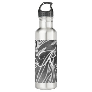 Elegant Black and White Monogram Leaves Drawing Stainless Steel Water Bottle