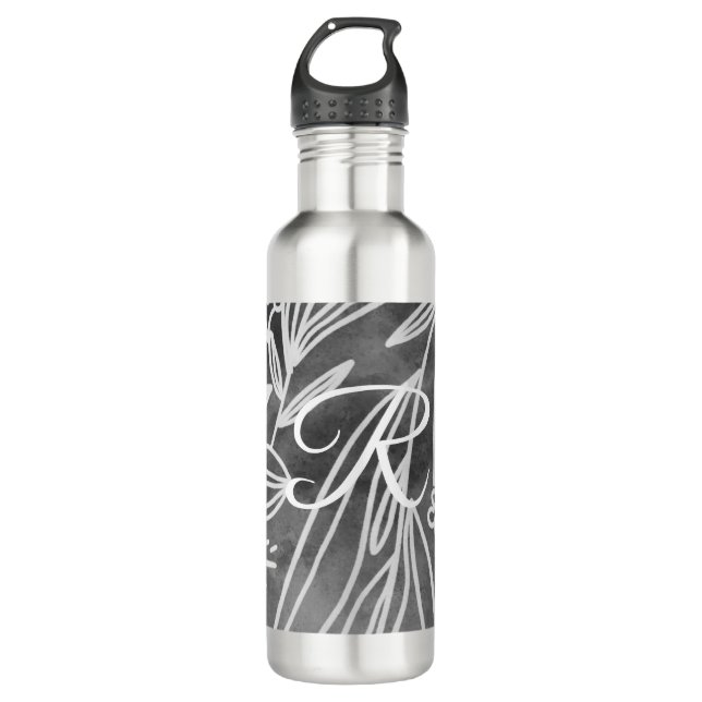 Elegant Black and White Monogram Leaves Drawing Stainless Steel Water Bottle (Front)