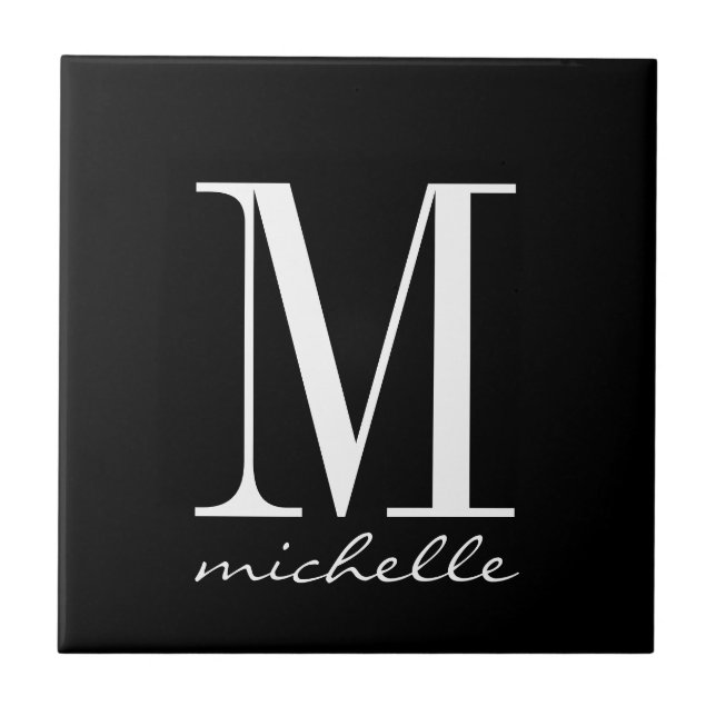 Elegant Black and White Monogram Name Custom  Ceramic Tile (Front)