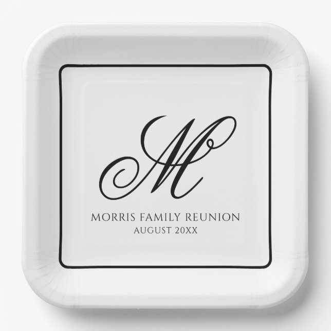 Elegant Black and White Monogram Paper Plate (Front)