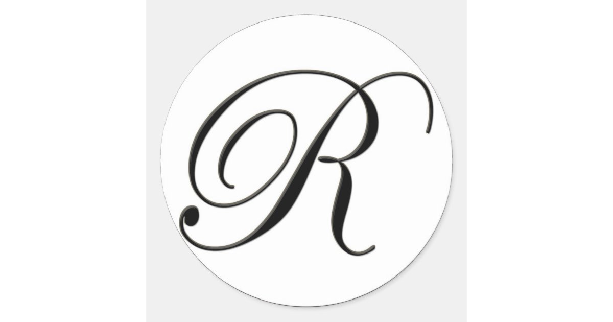 White Cursive R Sticker Elegant Black and White Monogram R Classic Round Sticker | Zazzle