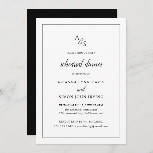 Elegant Black and White Monogram Rehearsal Dinner Invitation