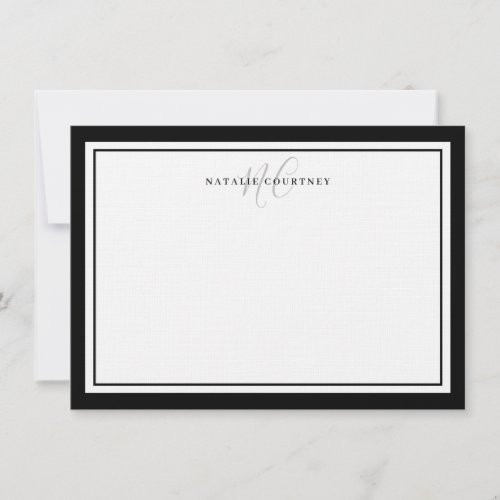 Elegant Black and White Monogram Script Two Border Note Card