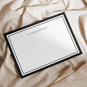 Elegant Black and White Monogram Script Two Border Note Card