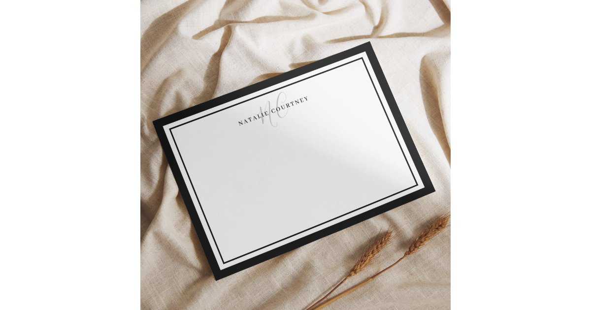 Elegant Black and White Monogram Script Two Border Note Card | Zazzle