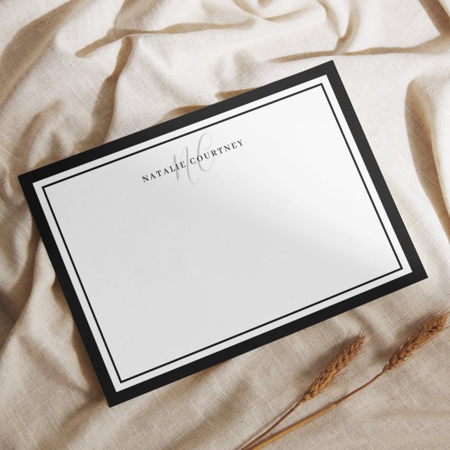 Elegant Black and White Monogram Script Two Border Note Card (Creator Uploaded)