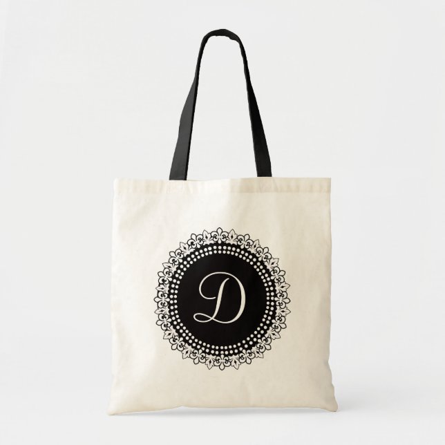 Elegant Black and White Monogram Tote Bag (Front)