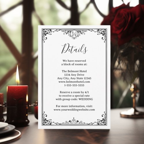 Elegant Black and White Monogram Wedding Details Enclosure Card
