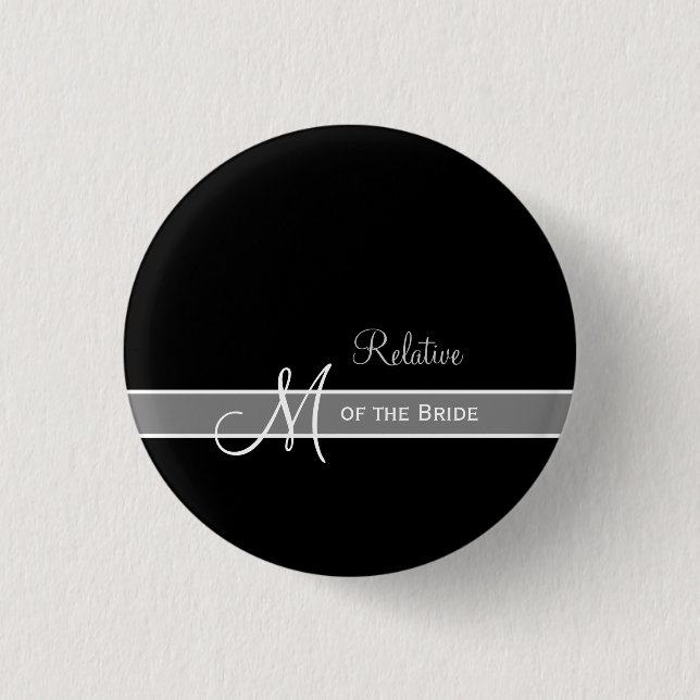 Elegant Black and White Monogram Wedding ID Pinback Button (Front)