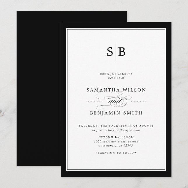 Elegant Black And White Monogram Wedding Invitation (Front/Back)