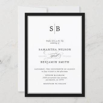 Elegant Black And White Monogram Wedding Invitation | Zazzle