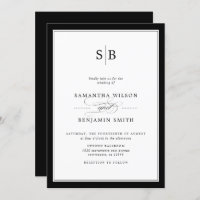 Elegant Black And White Monogram Wedding Invitation