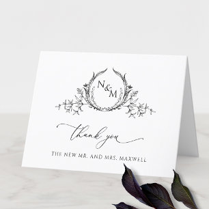 Elegant Black and White Monogram Wedding Letterpress Thank You Card