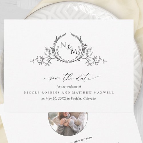 Elegant Black and White Monogram Wedding Photo Save The Date