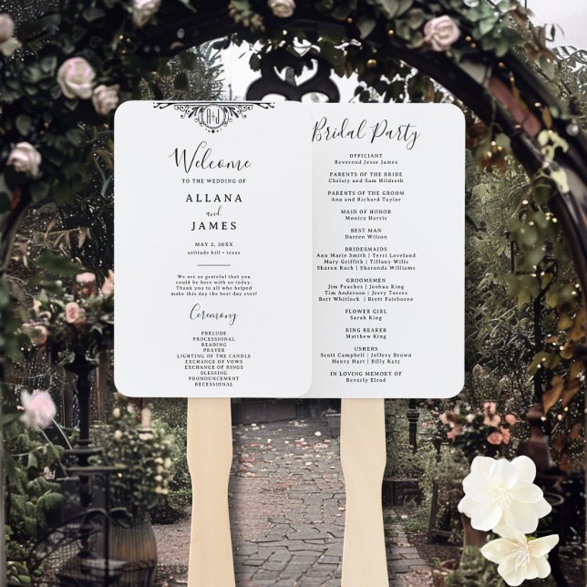 Elegant Black and White Monogram Wedding Program Hand Fan (Creator Uploaded)