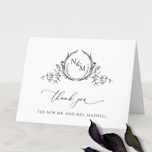 Elegant Black and White Monogram Wedding Thank You Card