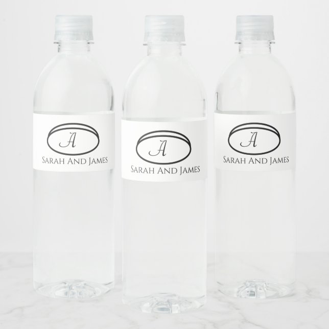 Elegant Black and White Monogram Wedding Water Bottle Label (Bottles)