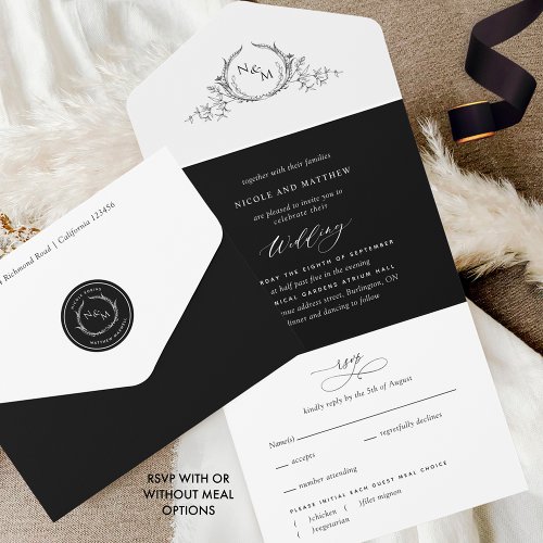 Elegant Black and White Monogram Wedding with RSVP All In One Invitation