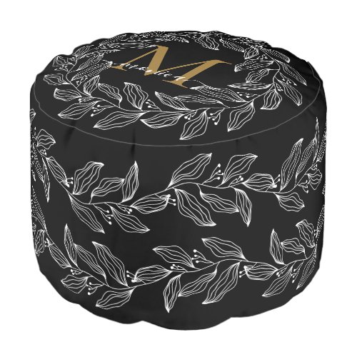 Elegant Black and White Monogrammed Floral Pouf