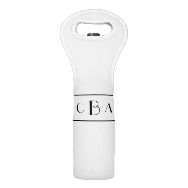 Elegant Black and White Monogrammed Wine Bag (Front)