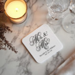 Elegant Black and White Mr and Mrs Wedding Square Paper Coaster<br><div class="desc">Elegant wedding coasters feature "Mr. & Mrs." in a black calligraphy script font with custom monogram design that can be personalized with the bride and groom's married name and wedding date. Black and white color scheme.</div>