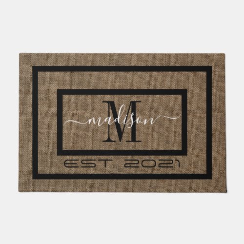  Elegant black and white name monogram door mat