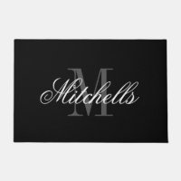 Elegant black and white name monogram door mat